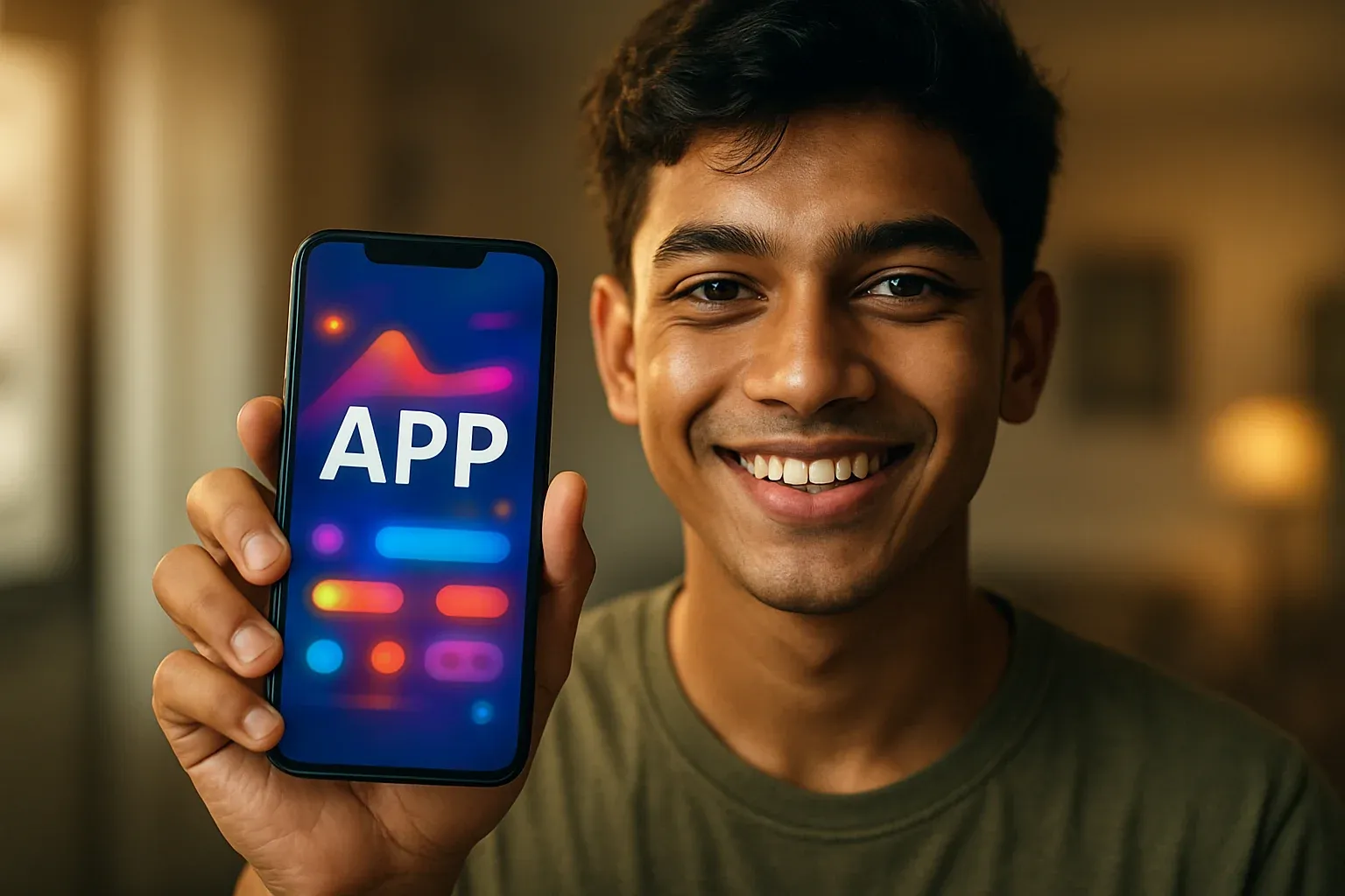 Smiling young Bangladeshi man holding smartphone with colorful gaming app screen