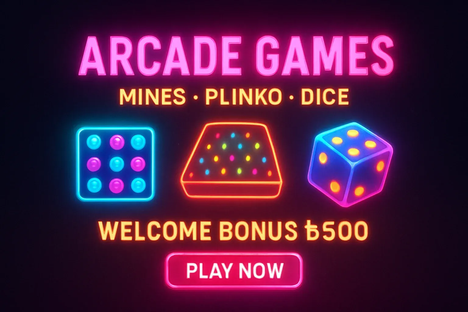 Neon arcade games banner with mines, plinko, dice and play button