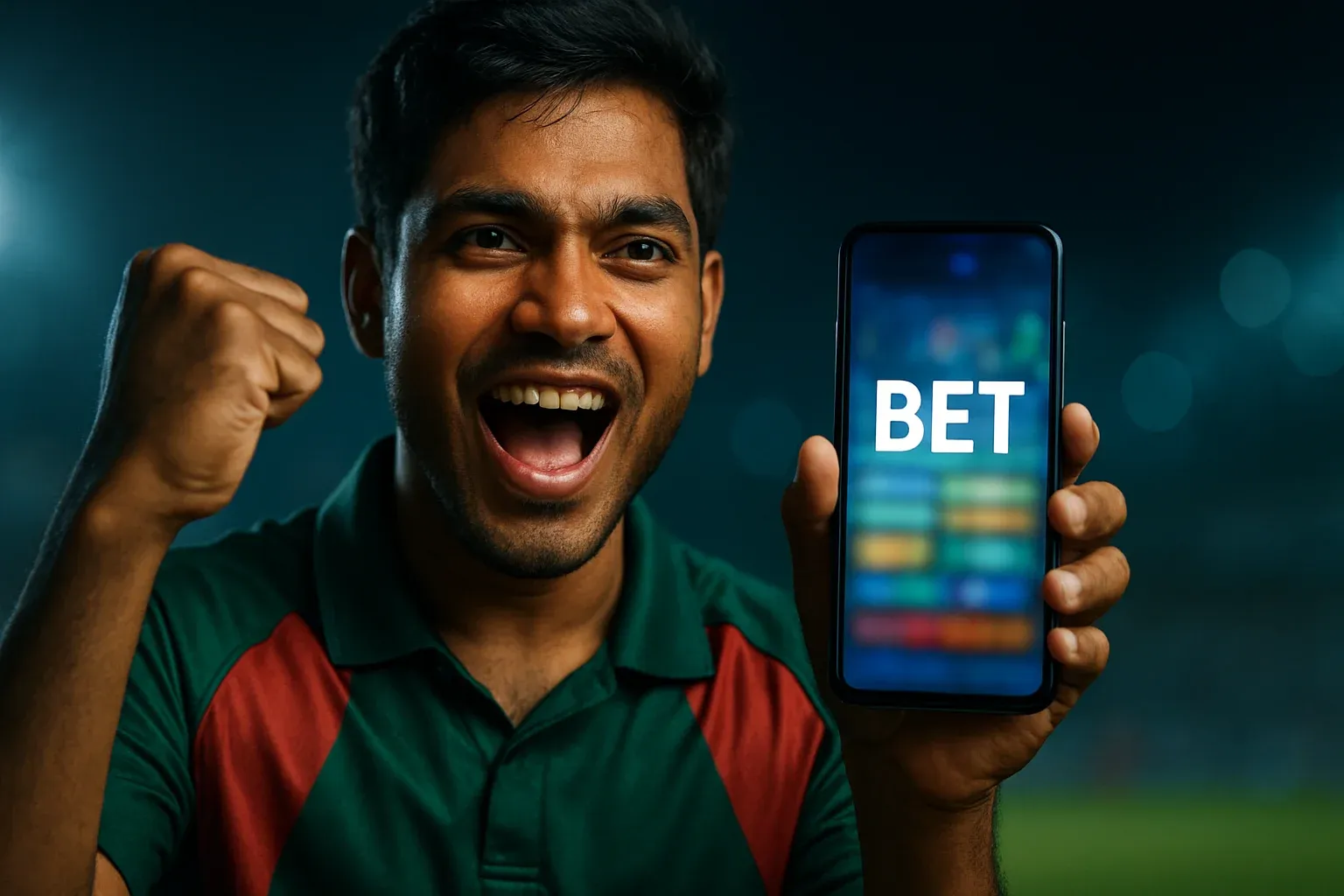 Excited Bangladeshi man holding smartphone with sports betting screen saying BET