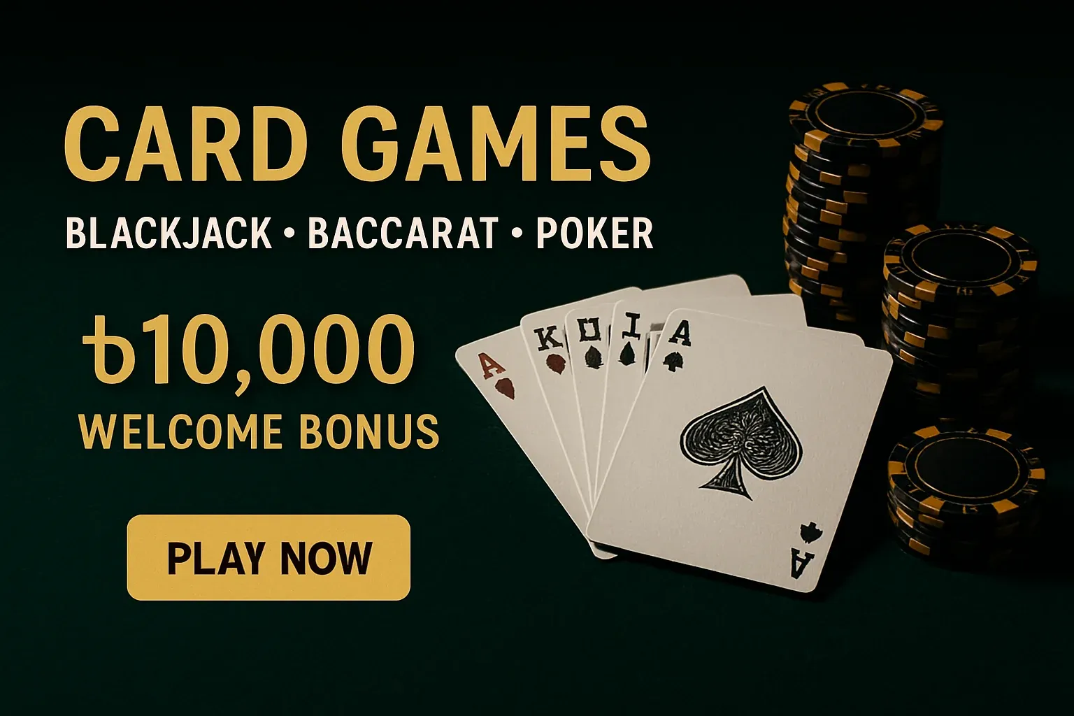 Card games banner with playing cards, chips, bonus, and play button