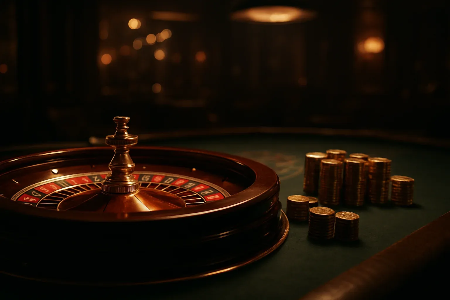 Hyperrealistic live casino table with glowing roulette wheel and golden chips