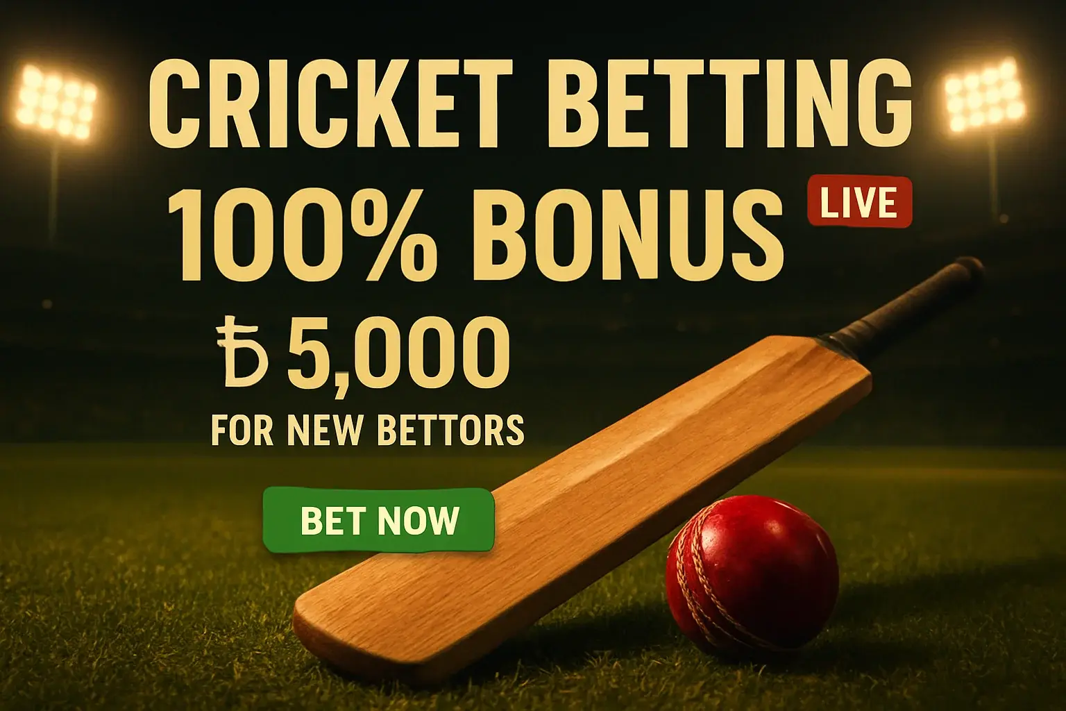 Cricket betting promo banner with stadium, bat, ball, bonus, and CTA