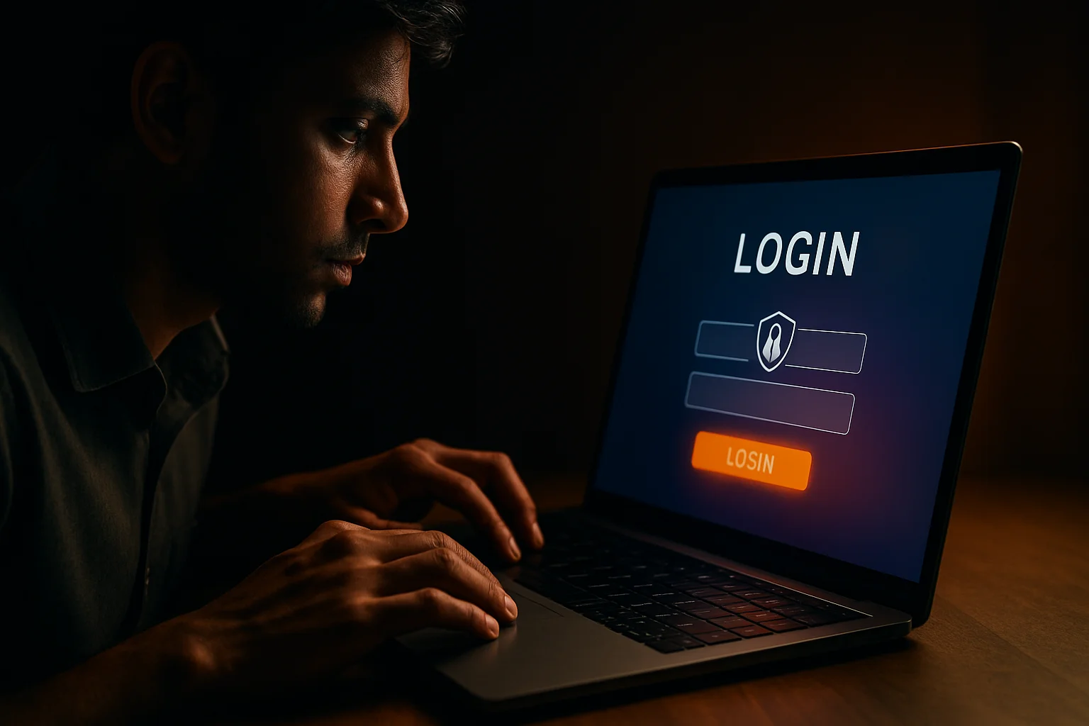 Young Bangladeshi man's hands on laptop showing LOGIN sign-in screen