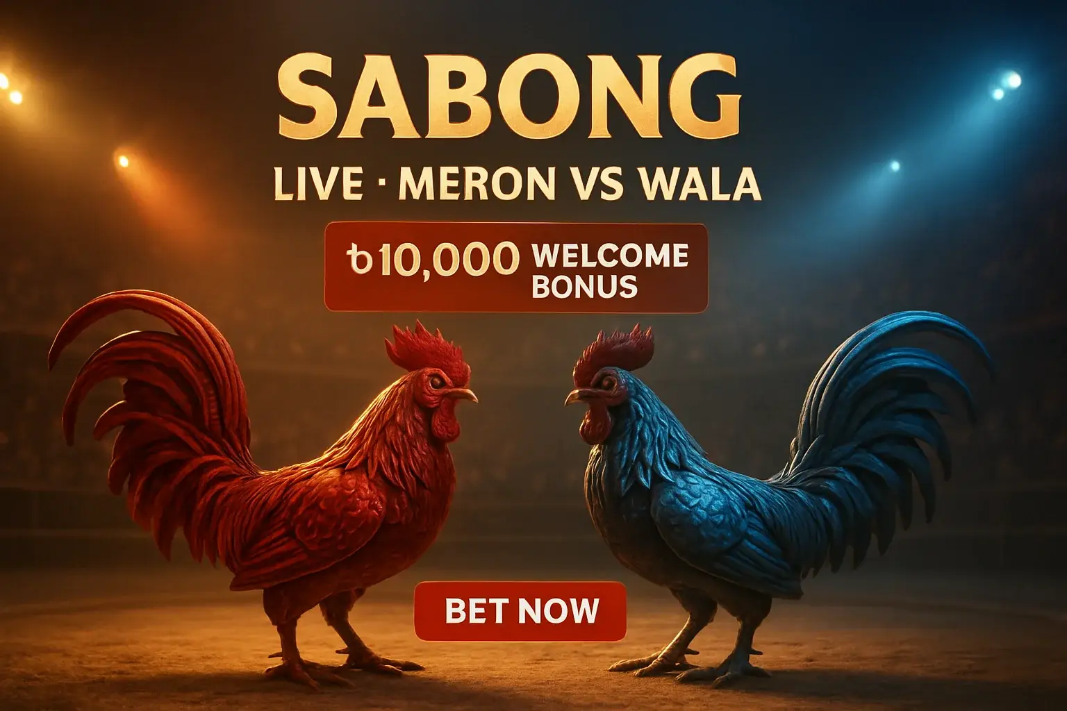 Live sabong banner with decorative rooster figurines and bonus offer
