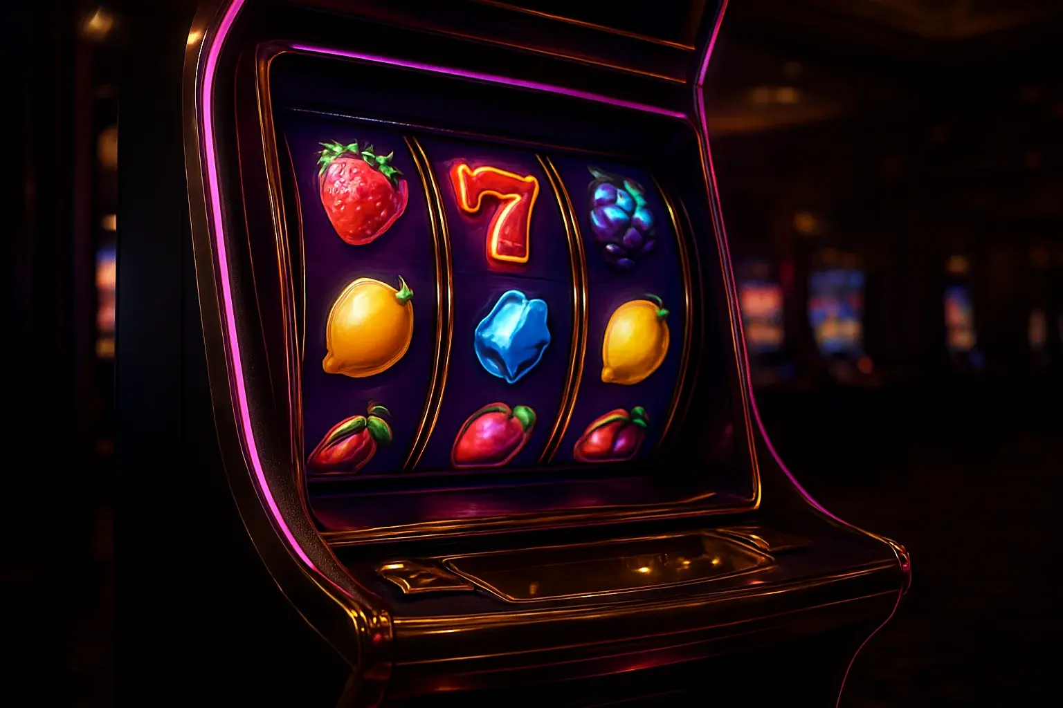Hyperrealistic premium slot machine with three vertical reels in luxury casino